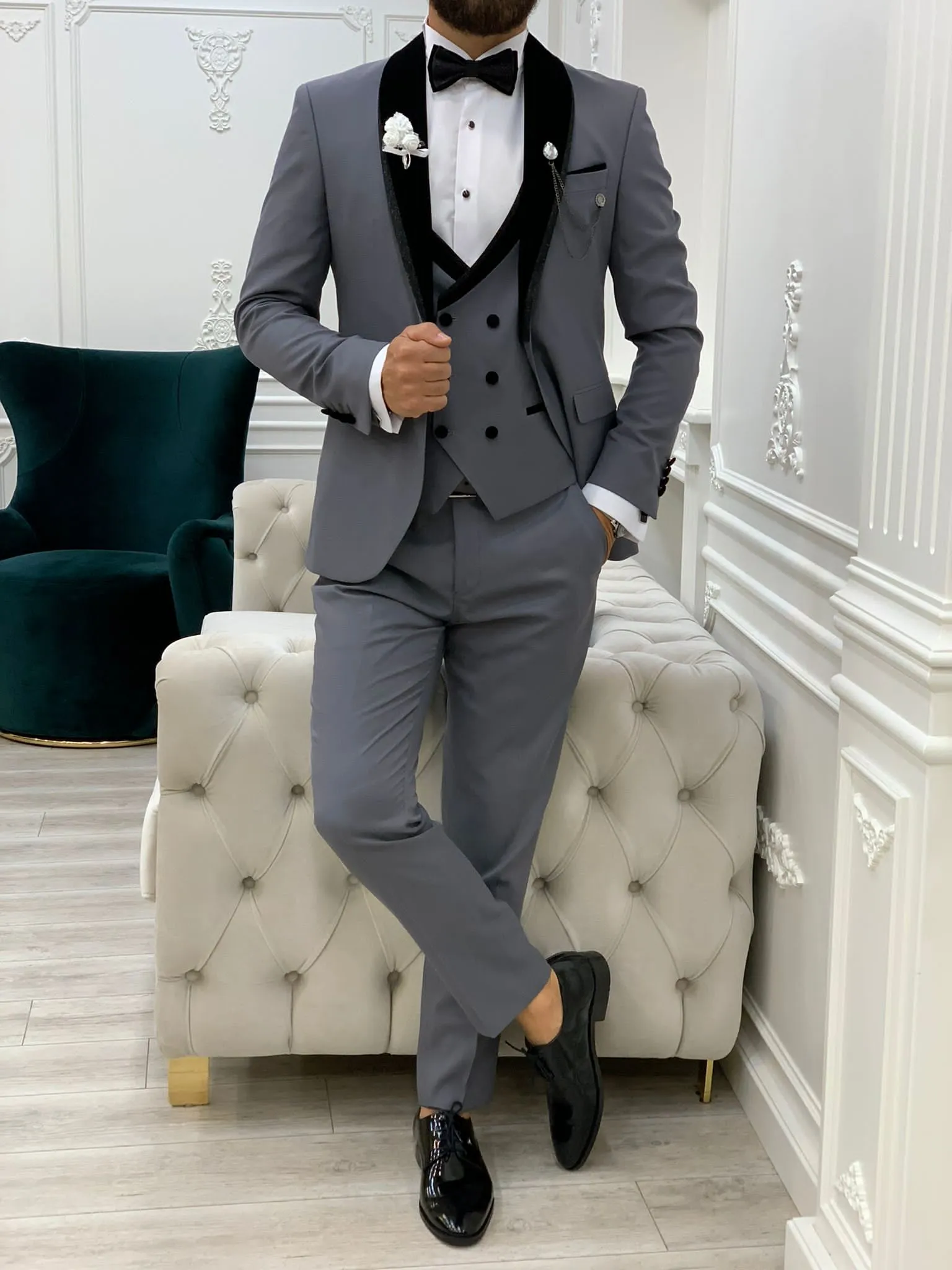 Acacia Gray Slim Fit Velvet Shawl Lapel Tuxedo
