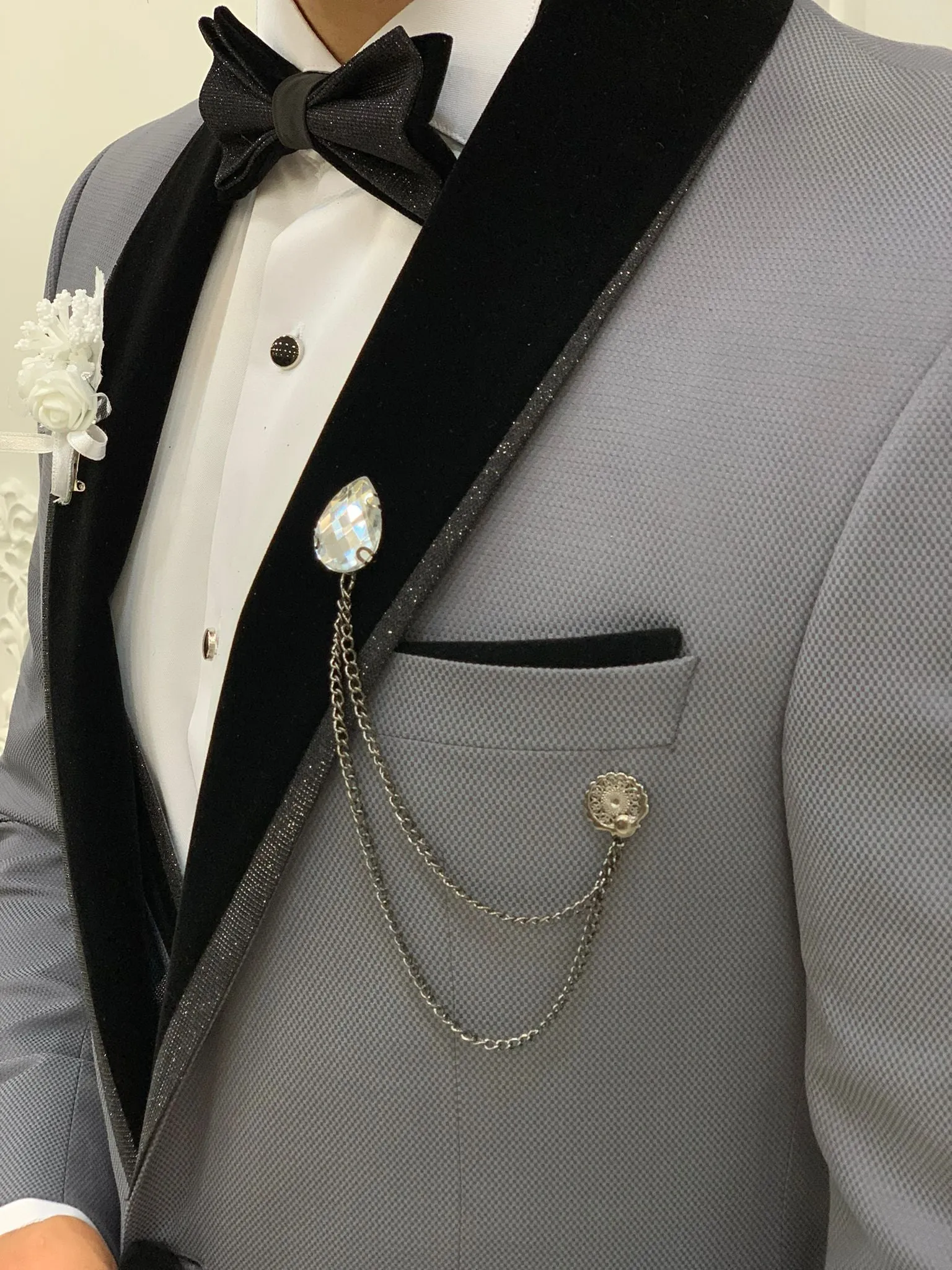 Acacia Gray Slim Fit Velvet Shawl Lapel Tuxedo