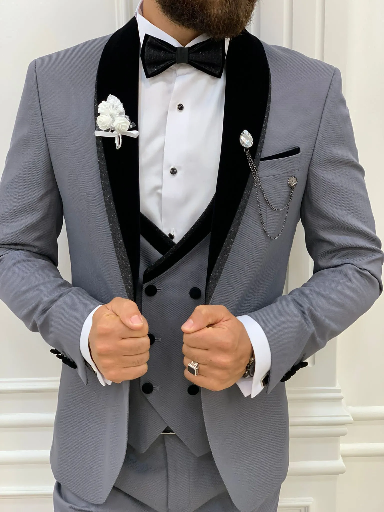 Acacia Gray Slim Fit Velvet Shawl Lapel Tuxedo