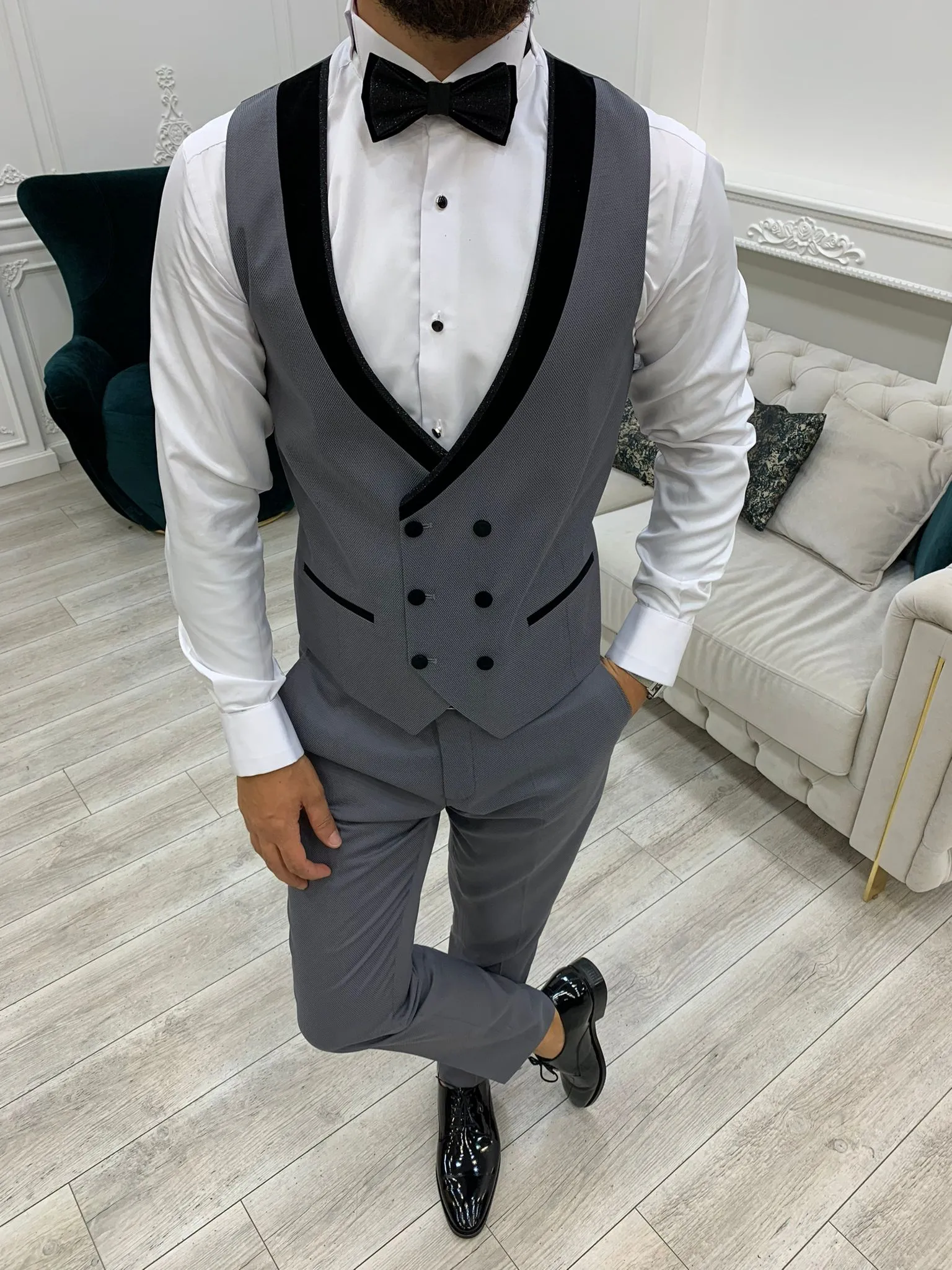 Acacia Gray Slim Fit Velvet Shawl Lapel Tuxedo