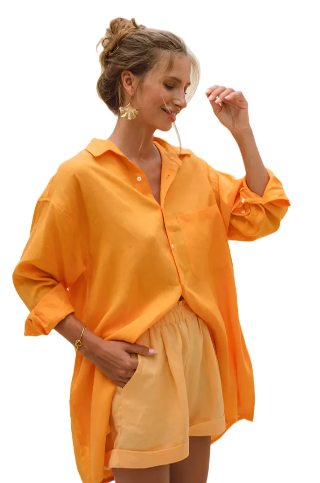 Alliana – Summer Shirt Dress in Mandarin Orange Linen for Women