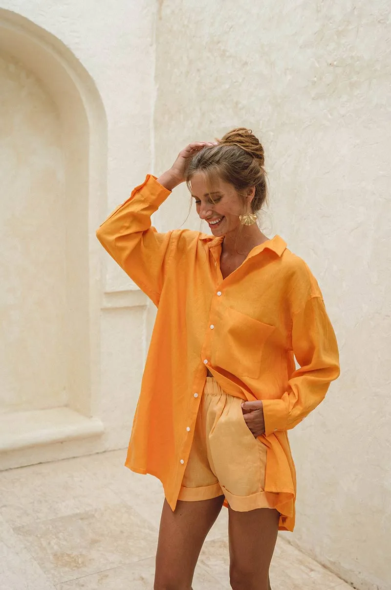 Alliana – Summer Shirt Dress in Mandarin Orange Linen for Women