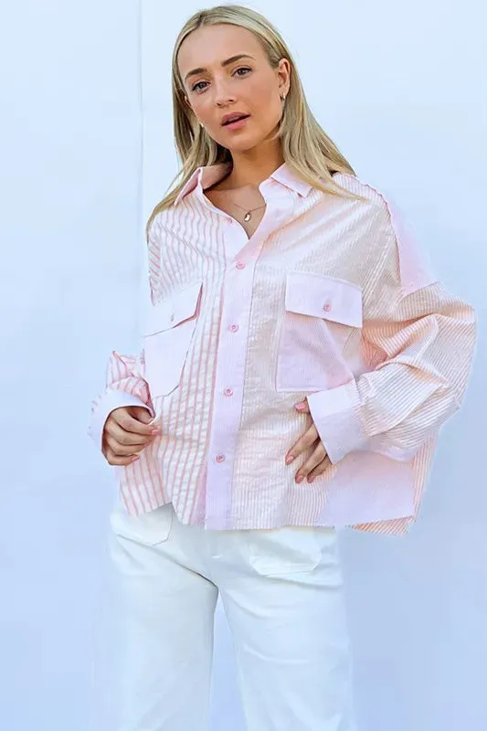 And The Why Multi Striped Mix-Match Patched Pocket Shirt
