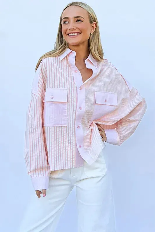 And The Why Multi Striped Mix-Match Patched Pocket Shirt