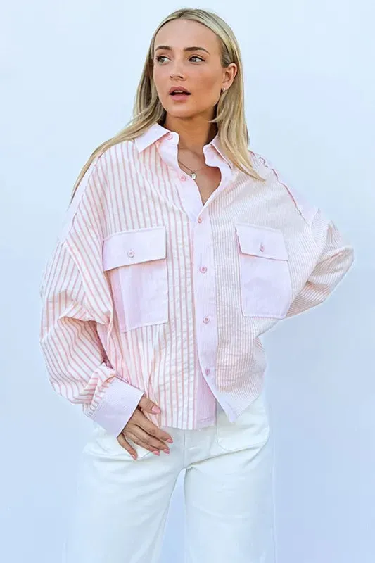 And The Why Multi Striped Mix-Match Patched Pocket Shirt