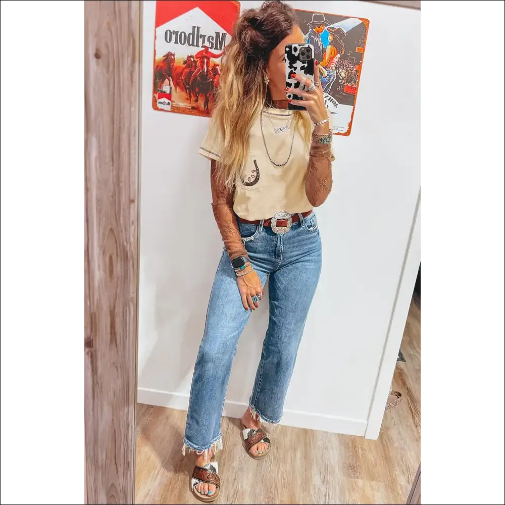 Apricot RODEO Horseshoe Embroidered Patch Pocket Tee