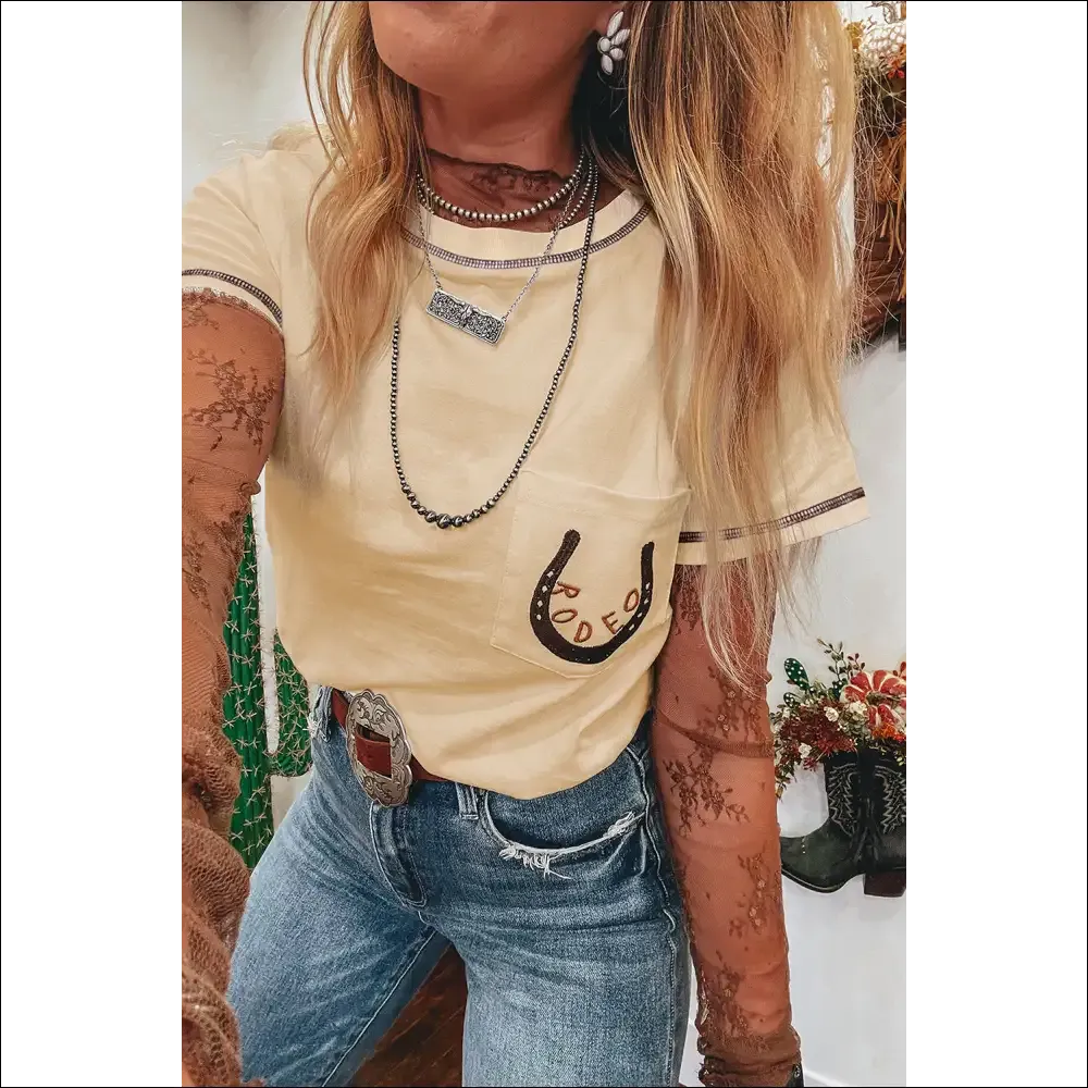 Apricot RODEO Horseshoe Embroidered Patch Pocket Tee