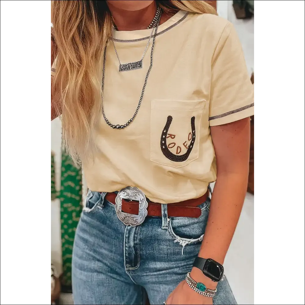 Apricot RODEO Horseshoe Embroidered Patch Pocket Tee