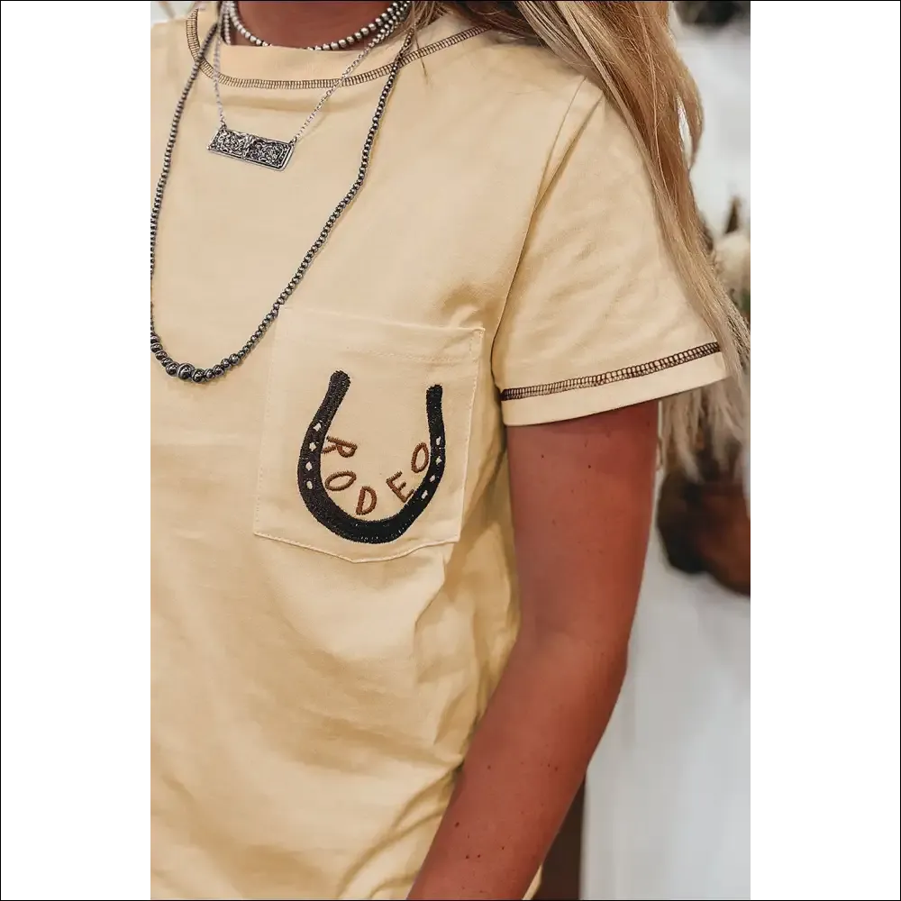 Apricot RODEO Horseshoe Embroidered Patch Pocket Tee