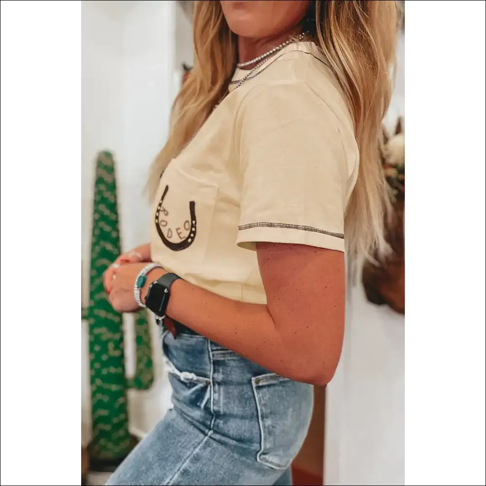 Apricot RODEO Horseshoe Embroidered Patch Pocket Tee