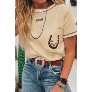 Apricot RODEO Horseshoe Embroidered Patch Pocket Tee
