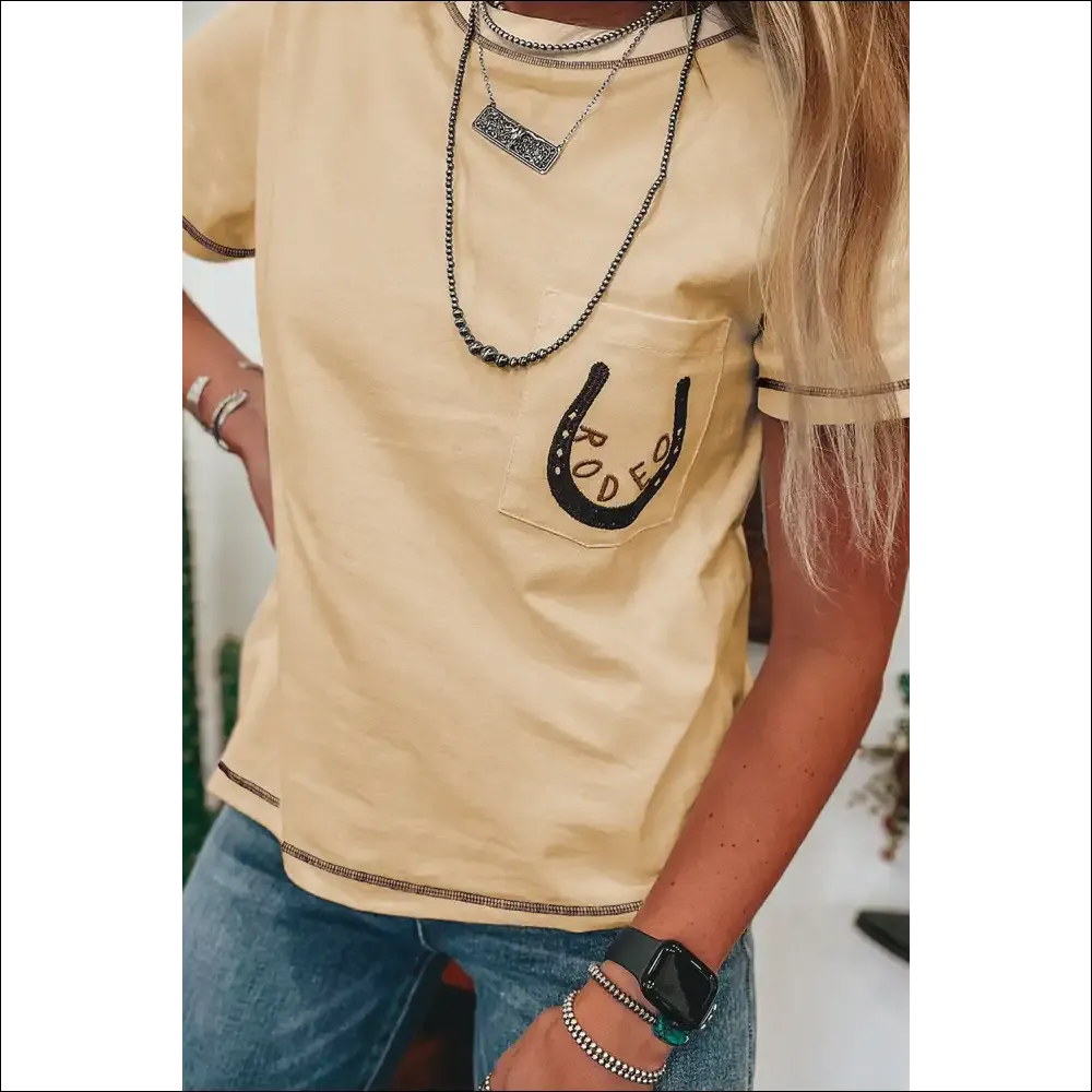 Apricot RODEO Horseshoe Embroidered Patch Pocket Tee