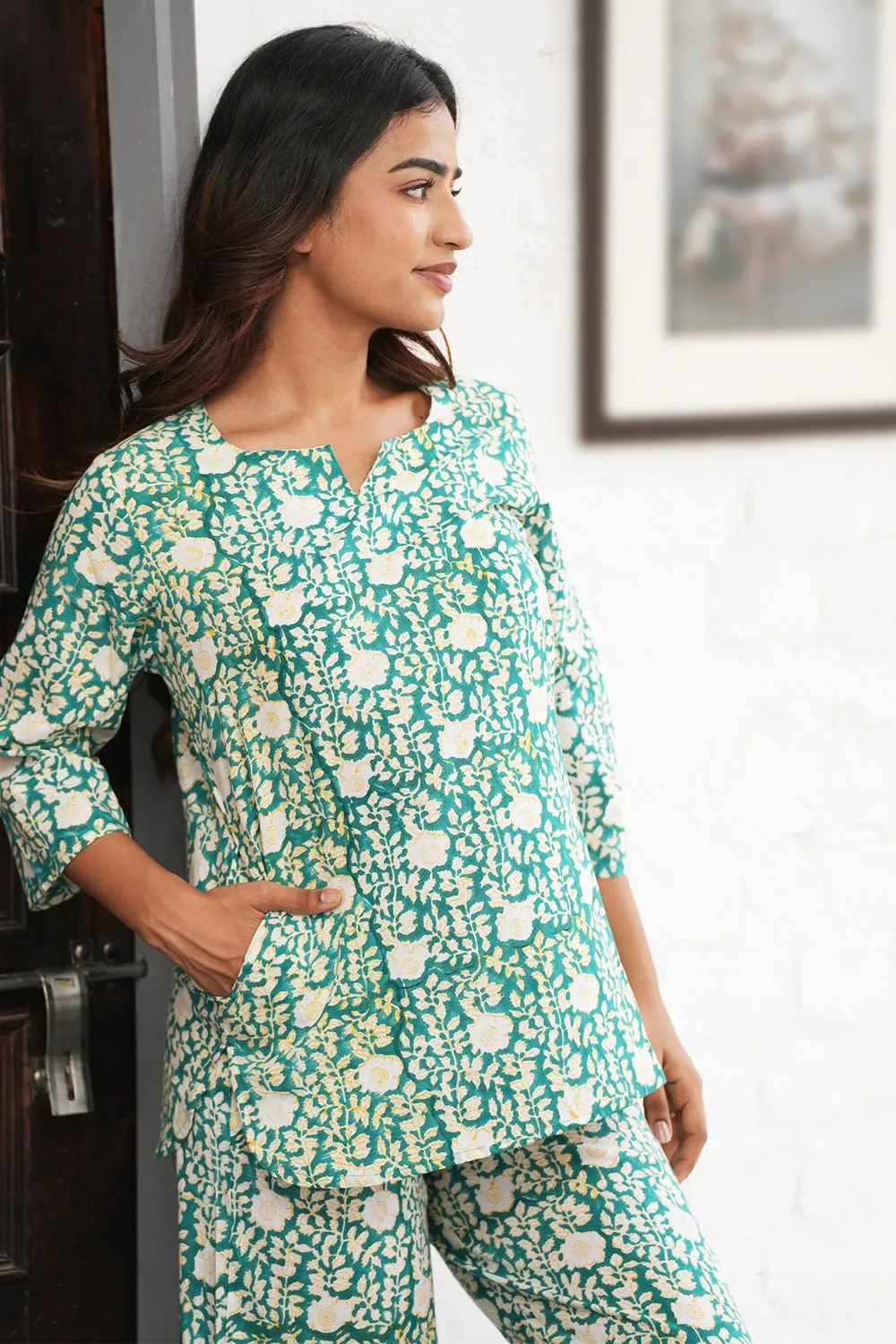 Aquamarine rush Block Printed Night suit