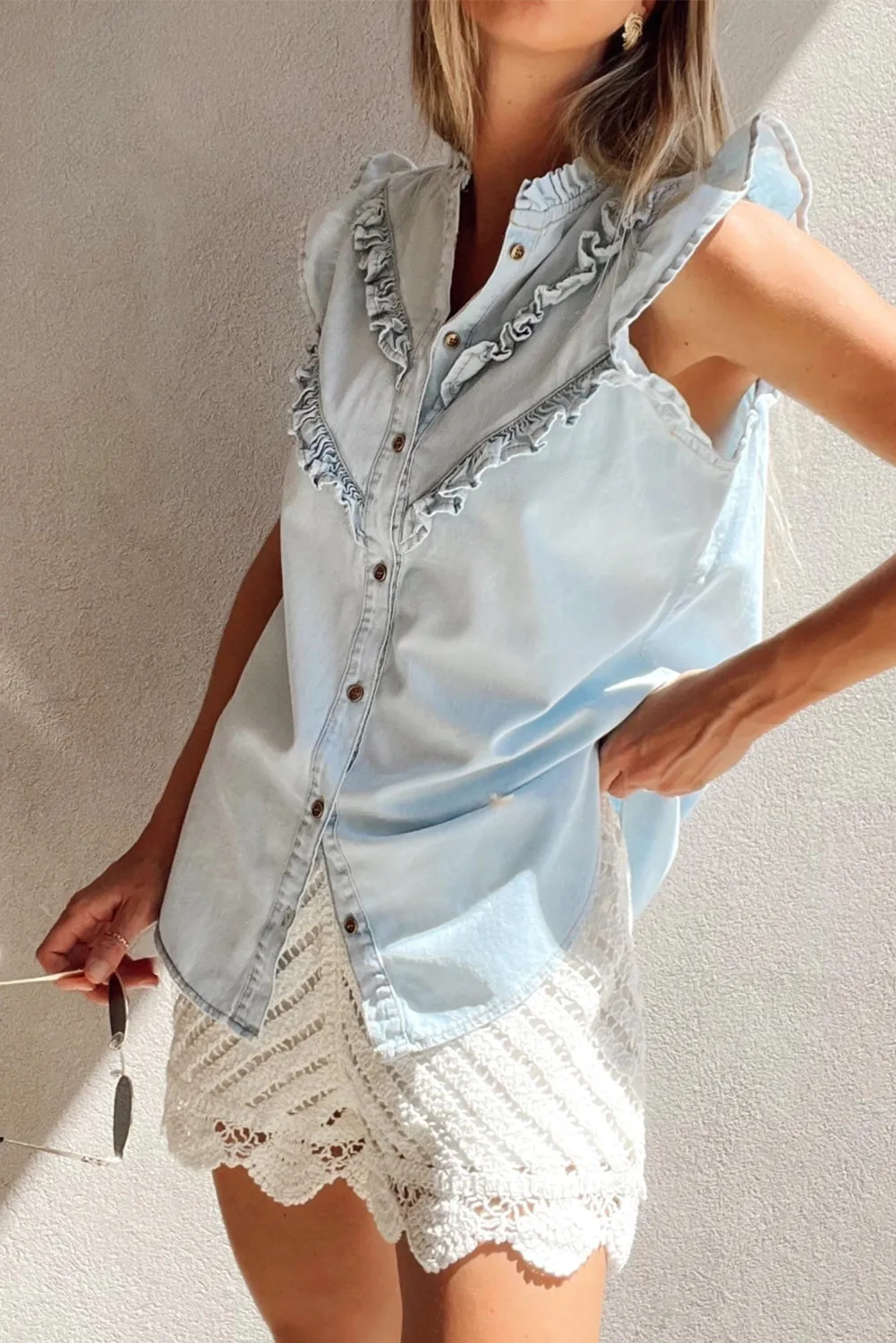 Beau Blue Mineral Wash Cap Sleeve Frilled Button Up Denim Shirt
