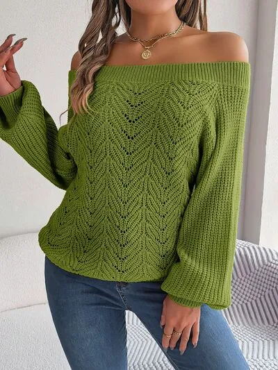 BerryBetty - Openwork Off-Shoulder Long Sleeve Sweater