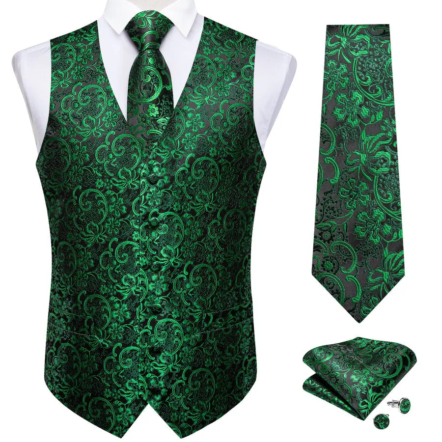 Black & Emerald Green Floral Jacquard Men's Vest Set