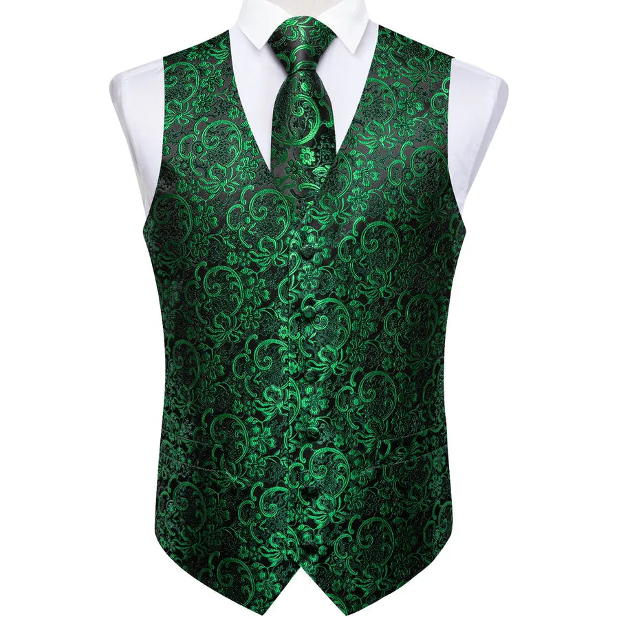 Black & Emerald Green Floral Jacquard Men's Vest Set