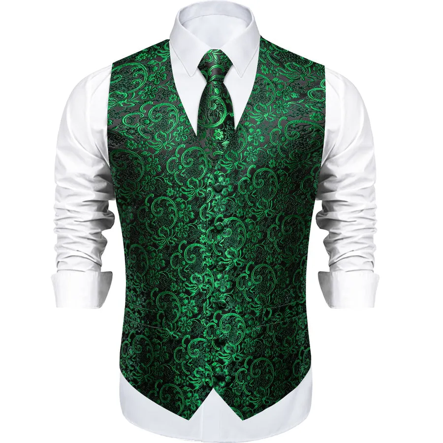 Black & Emerald Green Floral Jacquard Men's Vest Set