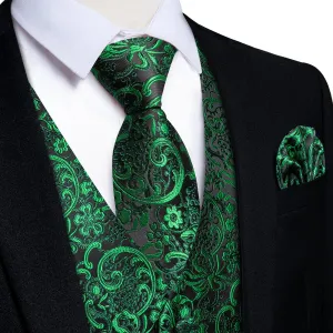 Black & Emerald Green Floral Jacquard Men's Vest Set