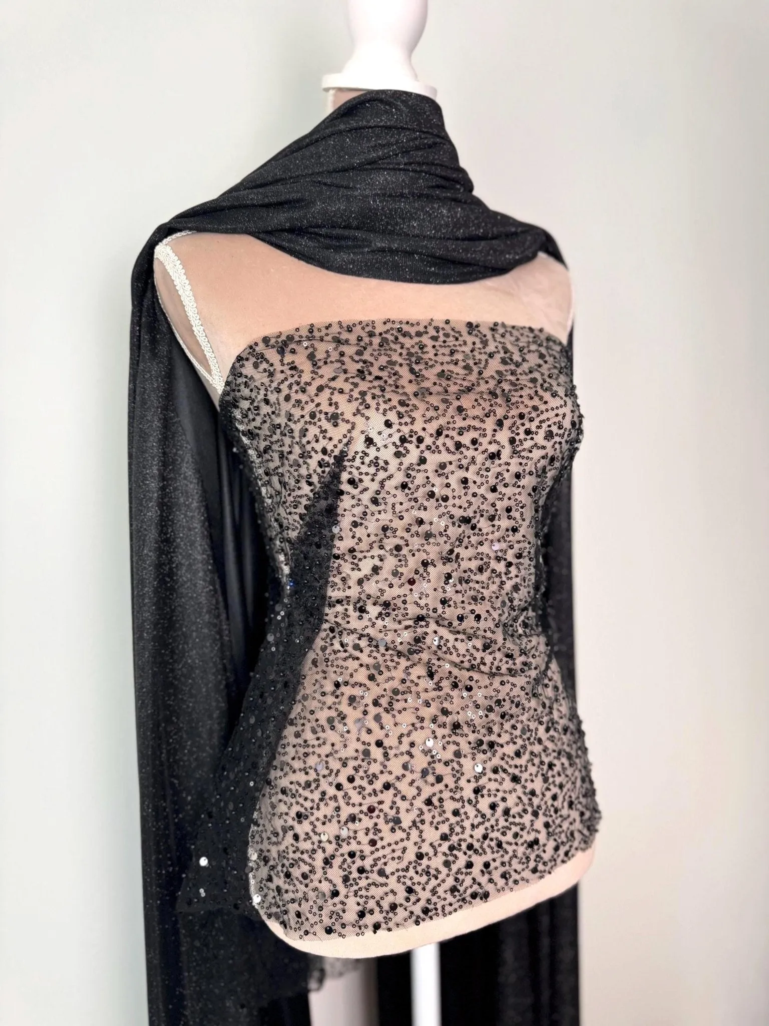 Black Beaded Lace Fabric