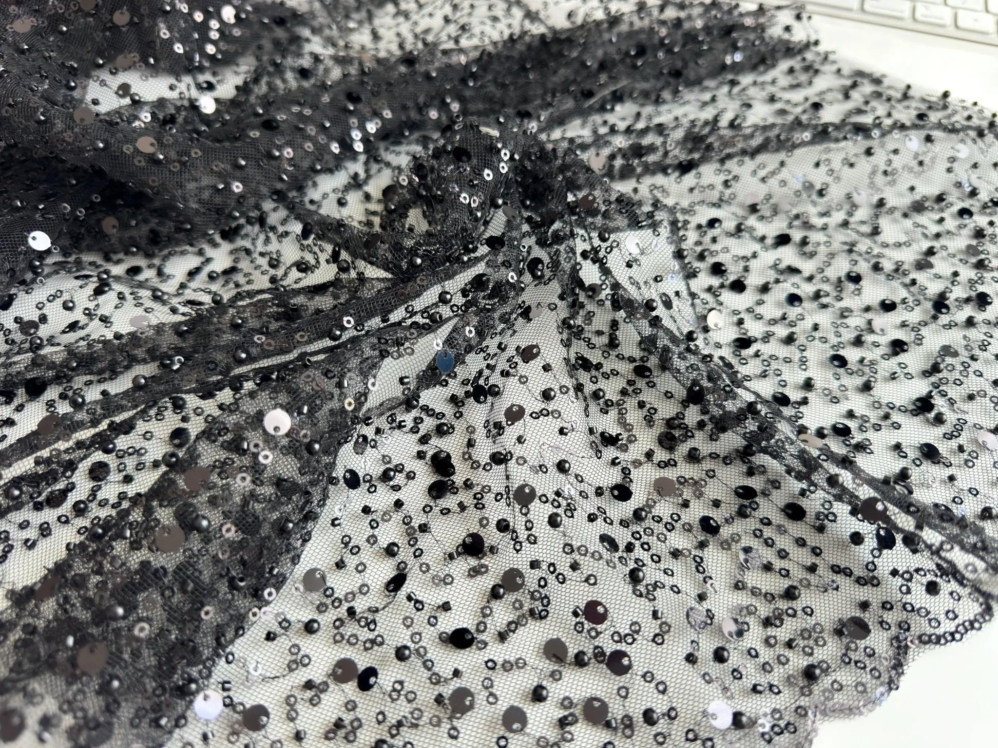 Black Beaded Lace Fabric