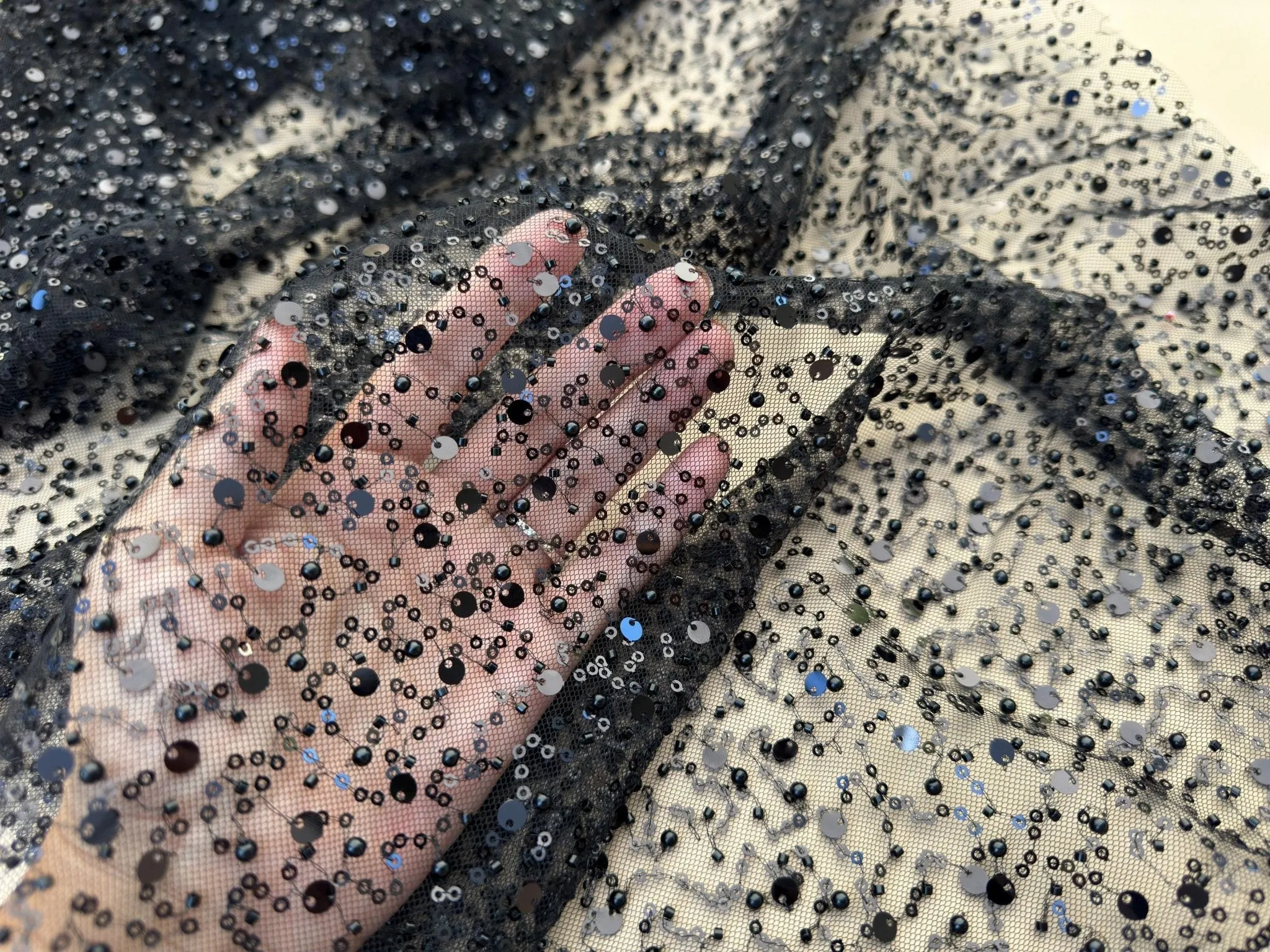 Black Beaded Lace Fabric
