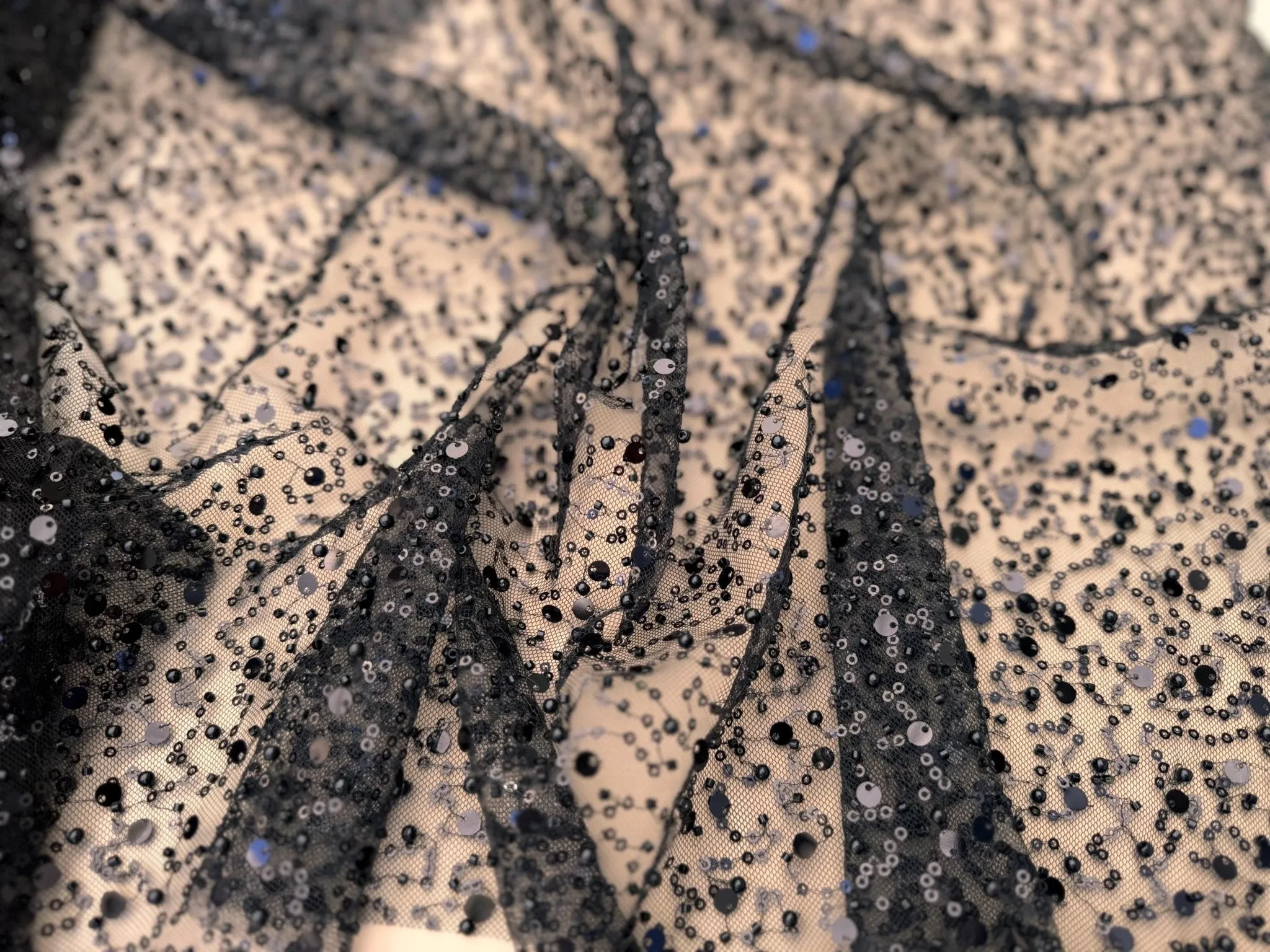 Black Beaded Lace Fabric