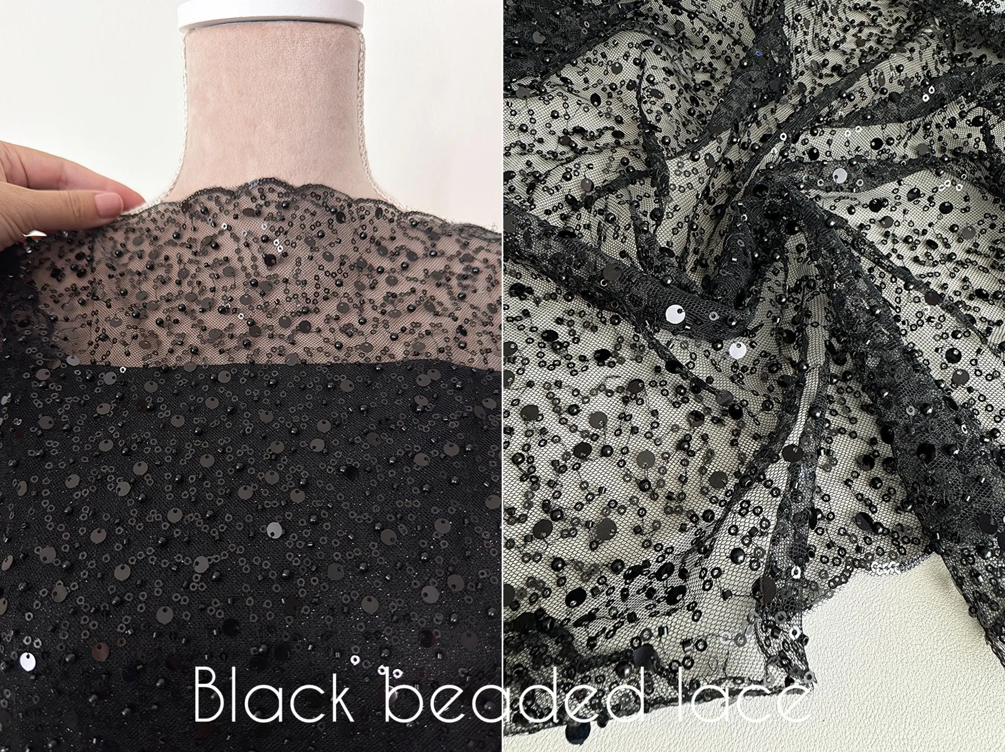 Black Beaded Lace Fabric