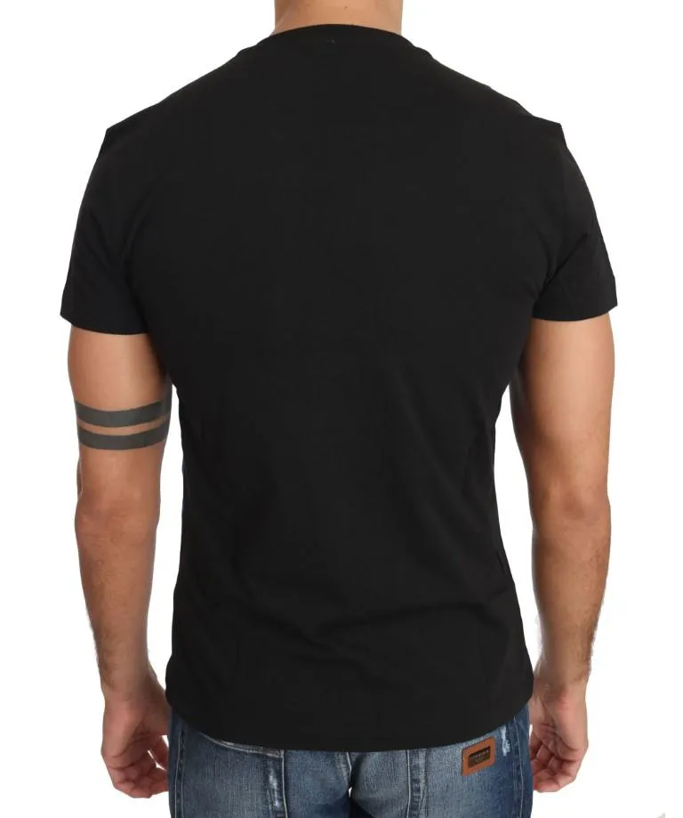Black Cotton Blue Tiger Embroidery Crewneck  T-shirt