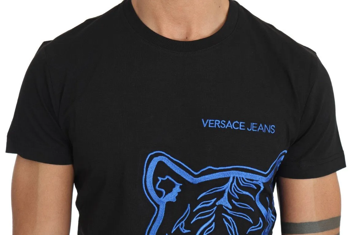 Black Cotton Blue Tiger Embroidery Crewneck  T-shirt