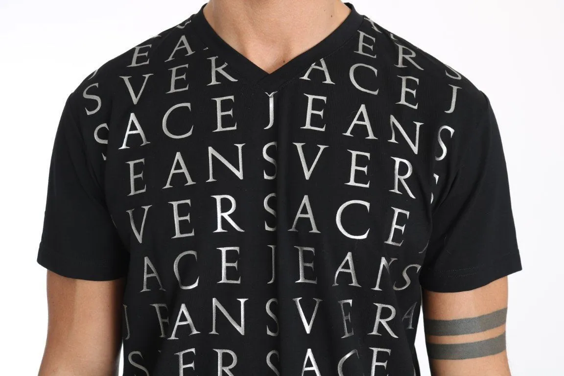 Black Cotton Silver Motive Print V-neck T-shirt