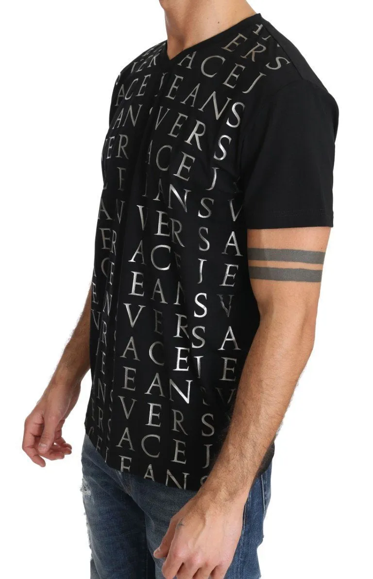 Black Cotton Silver Motive Print V-neck T-shirt
