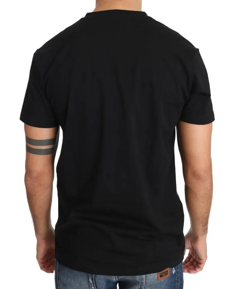 Black Cotton Silver Motive Print V-neck T-shirt