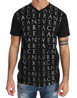 Black Cotton Silver Motive Print V-neck T-shirt