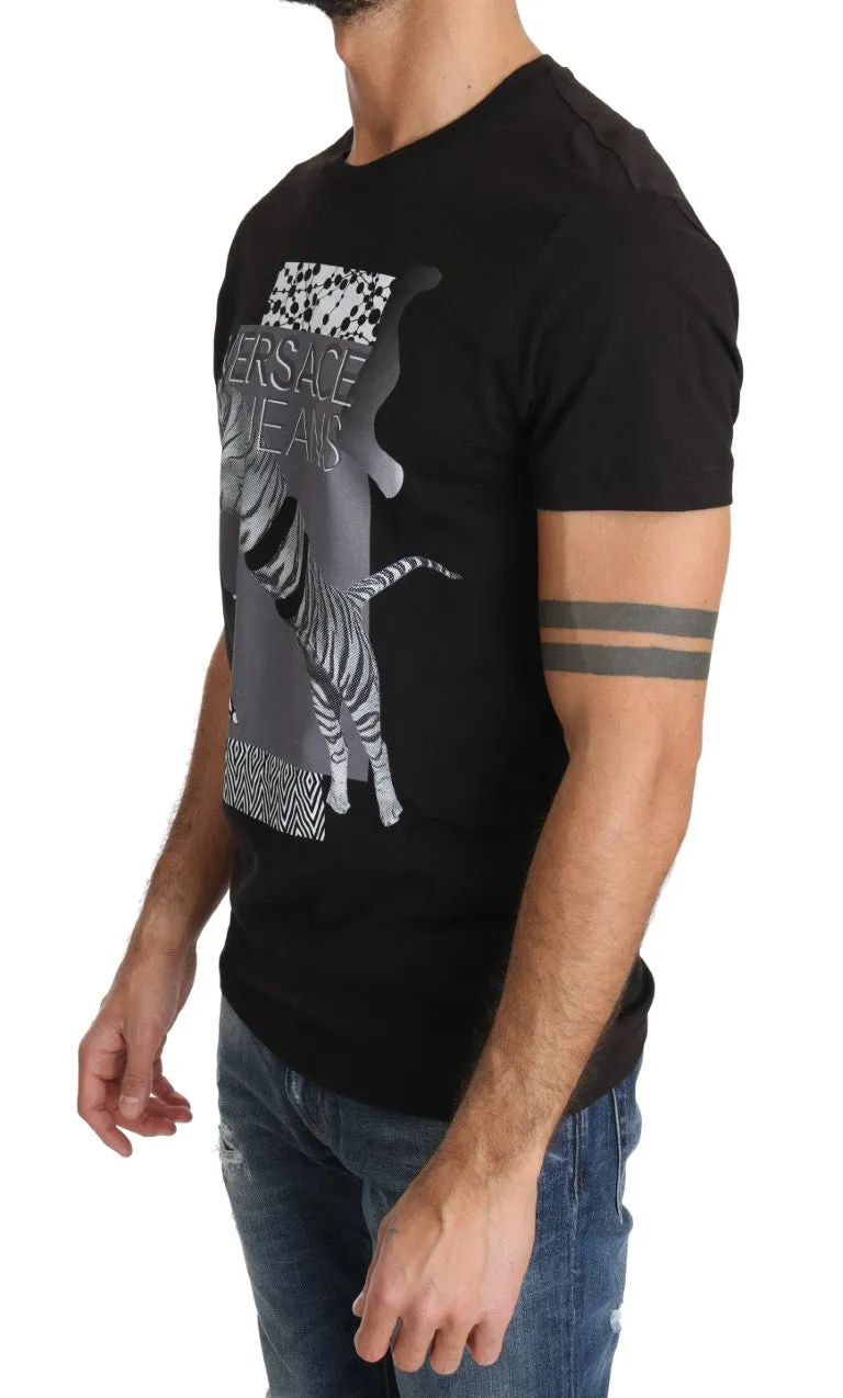 Black Cotton Tiger Motive Print Crewneck  T-shirt