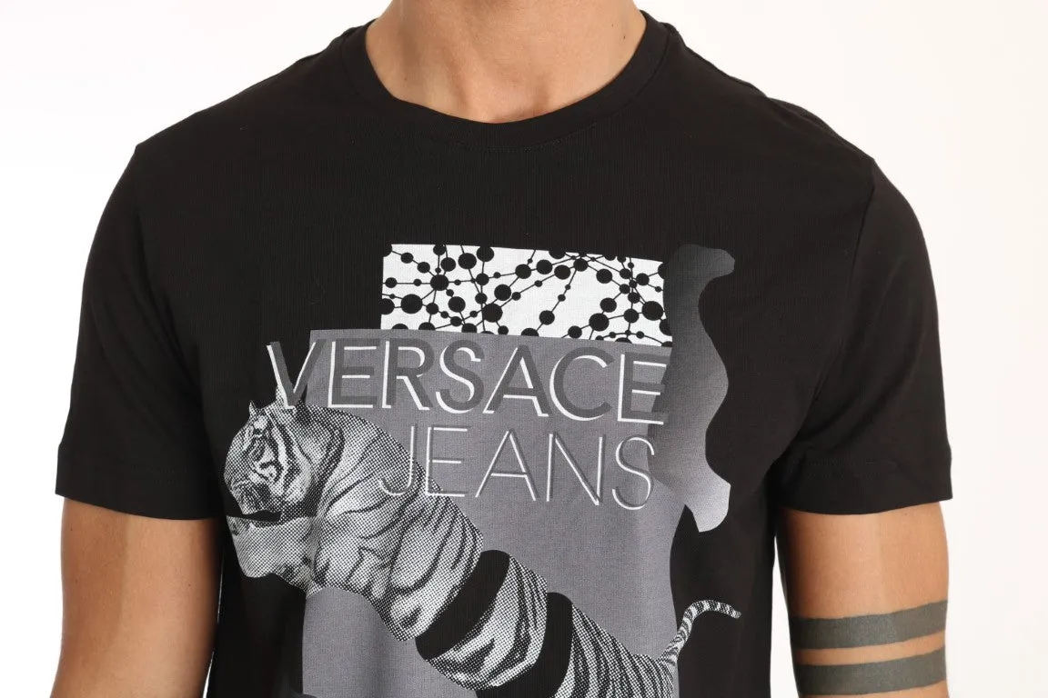 Black Cotton Tiger Motive Print Crewneck  T-shirt