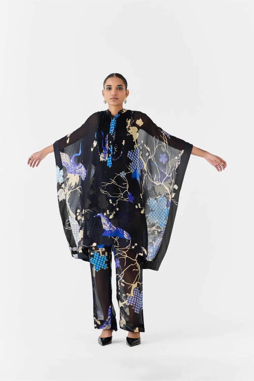 BLACK CRANE ORGANZA KIMONO & PANTS CO-ORD
