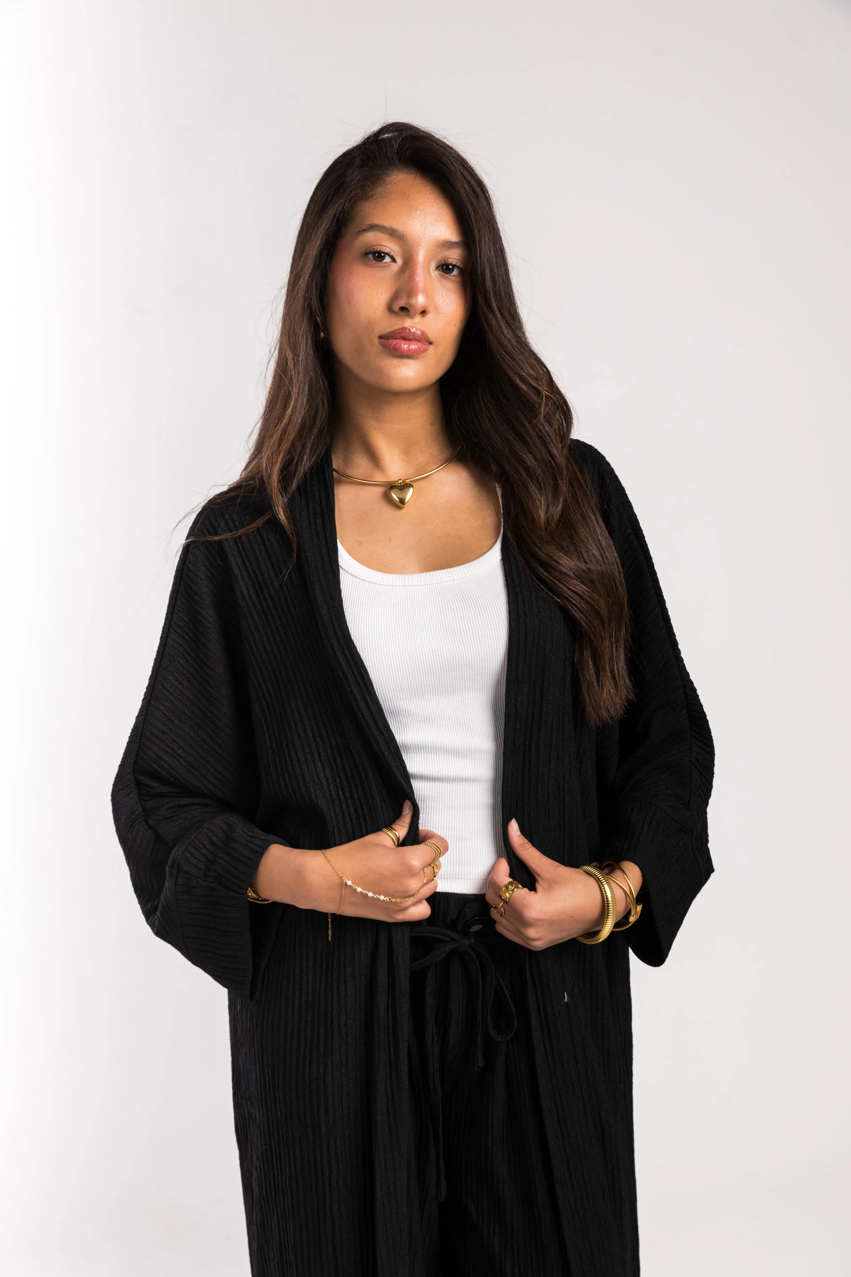 Black Crinkled Flow Kimono