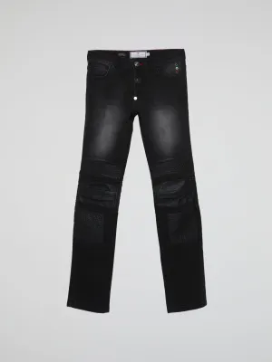 Black Leather Patch Faded Jeans (Teens)
