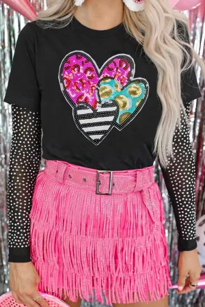 Black Trio Heart Patched Valentines Fashion Tee