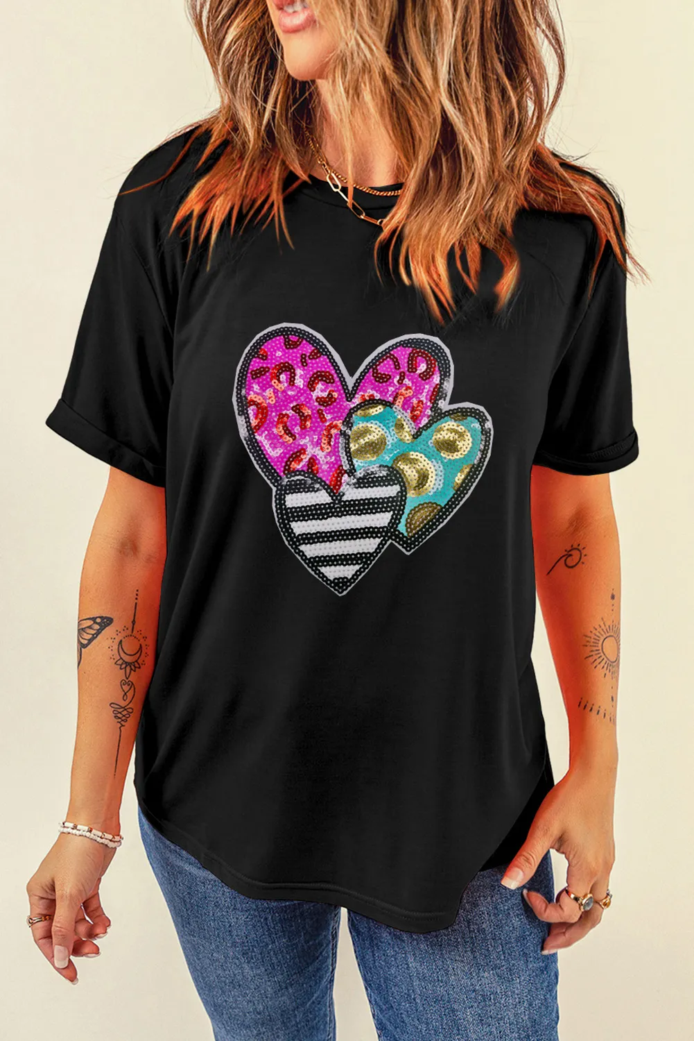 Black Trio Heart Patched Valentines Fashion Tee