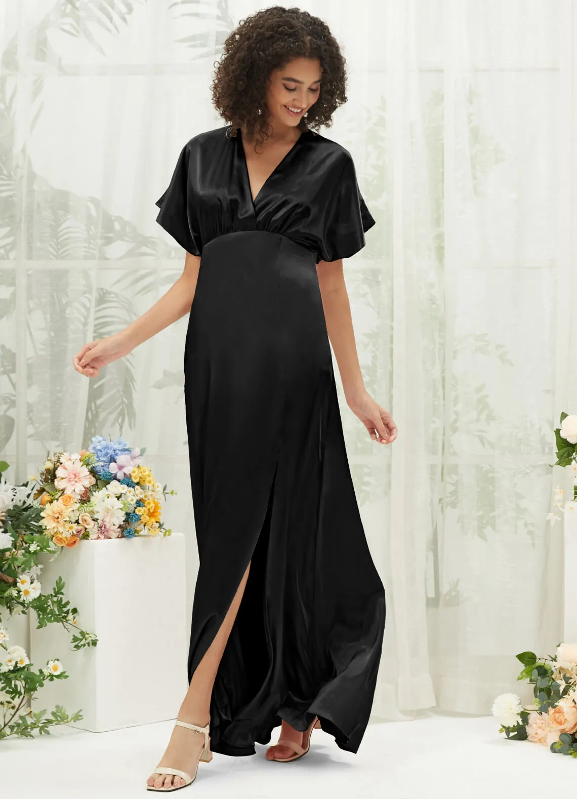 Black V-Neck Short Sleeve Satin Maxi Bridesmaid Dress With Slit