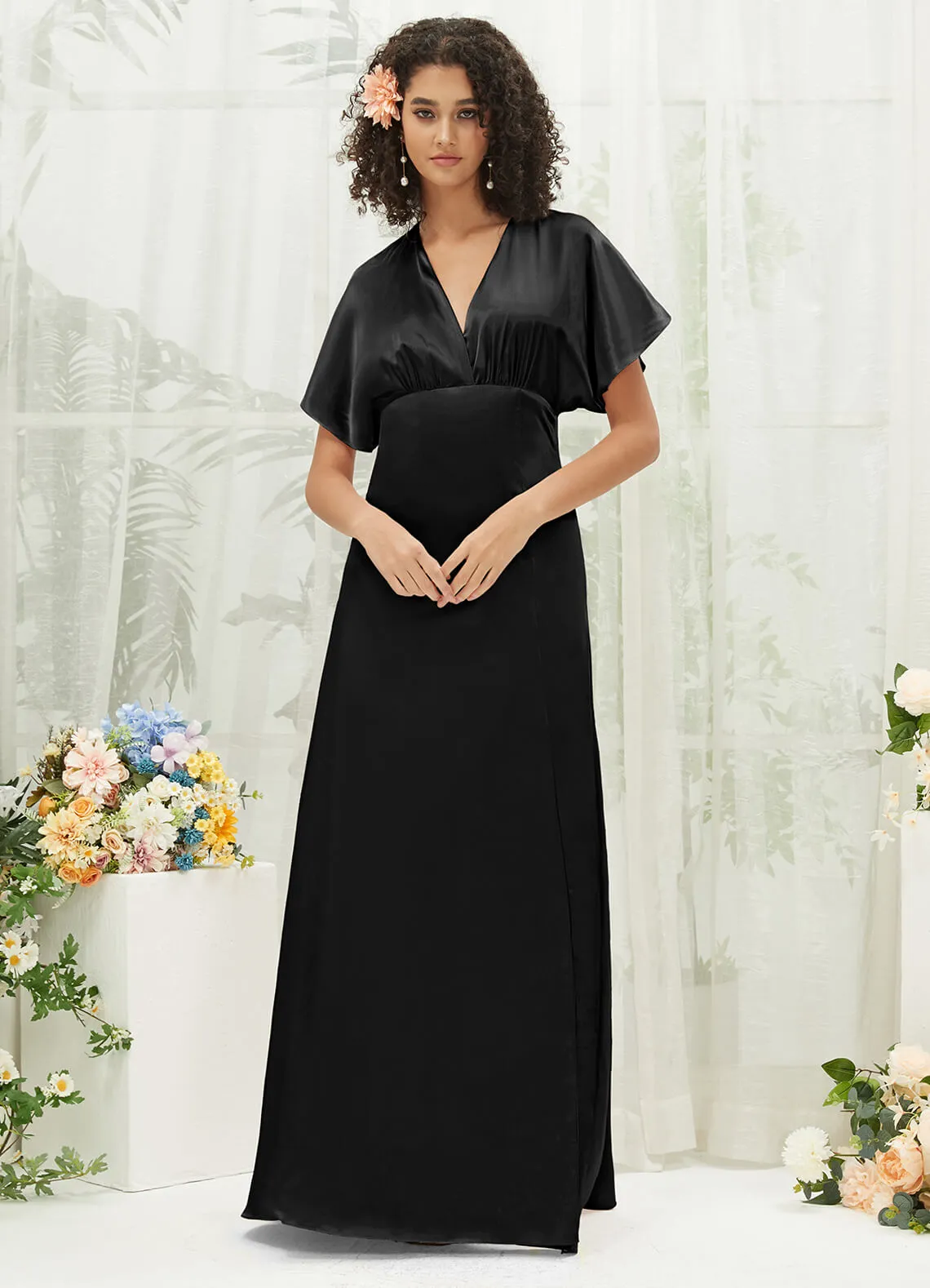 Black V-Neck Short Sleeve Satin Maxi Bridesmaid Dress With Slit