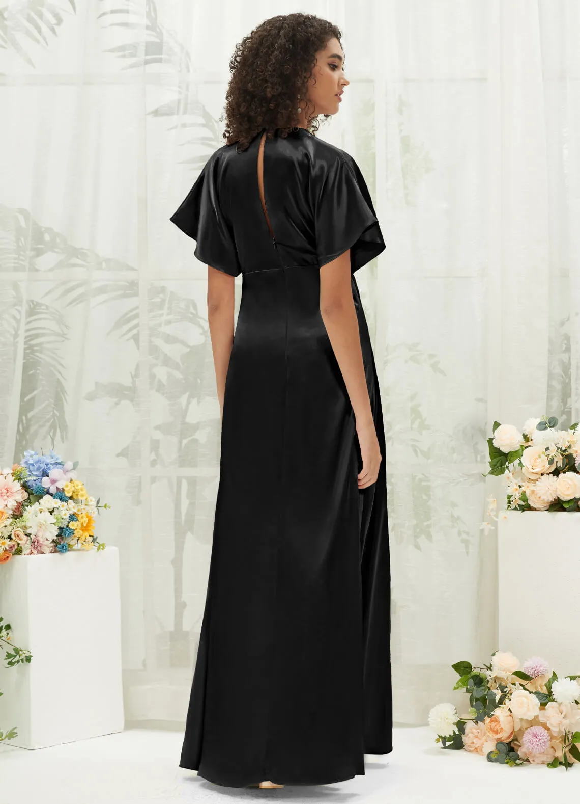 Black V-Neck Short Sleeve Satin Maxi Bridesmaid Dress With Slit