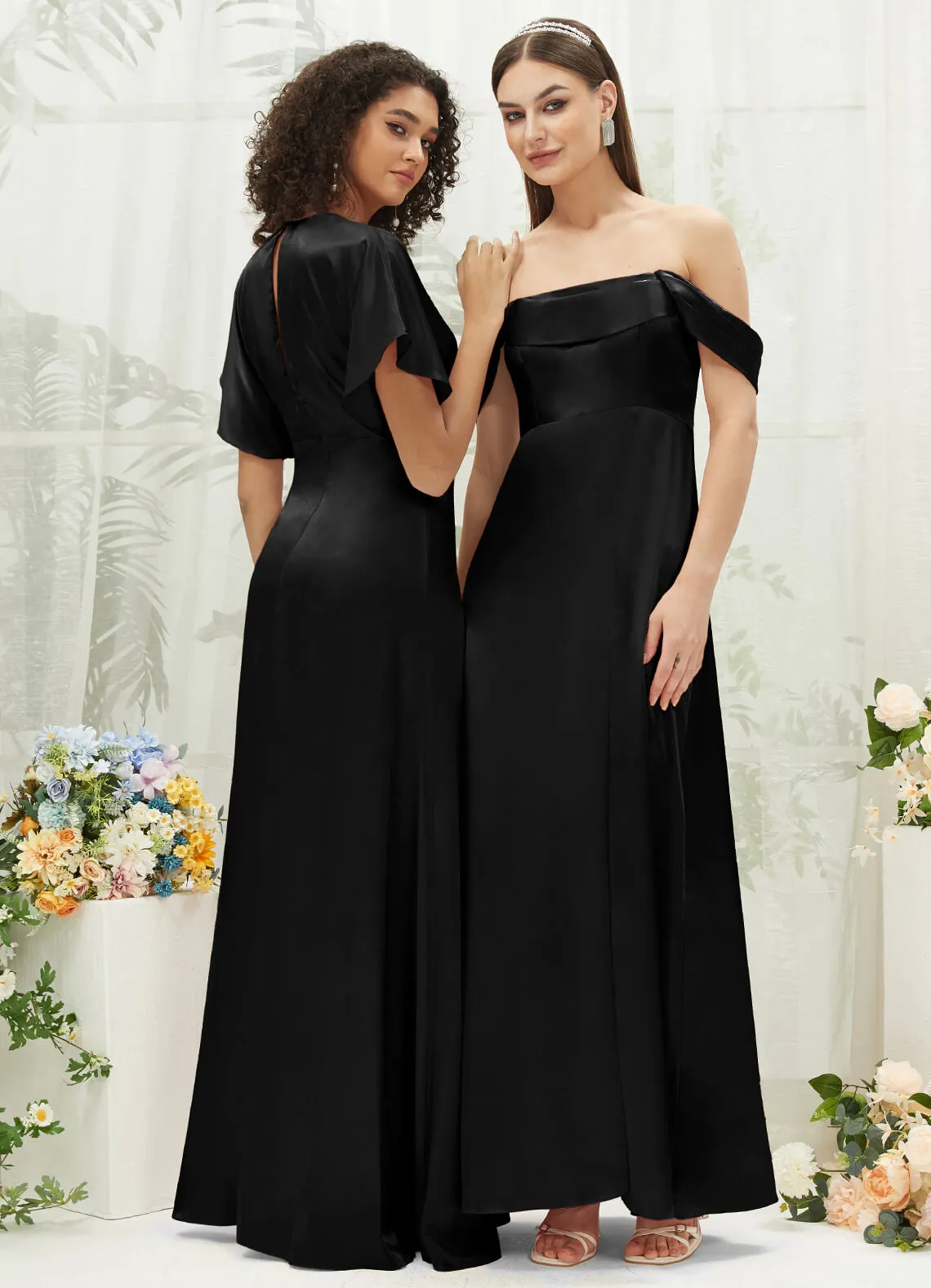 Black V-Neck Short Sleeve Satin Maxi Bridesmaid Dress With Slit