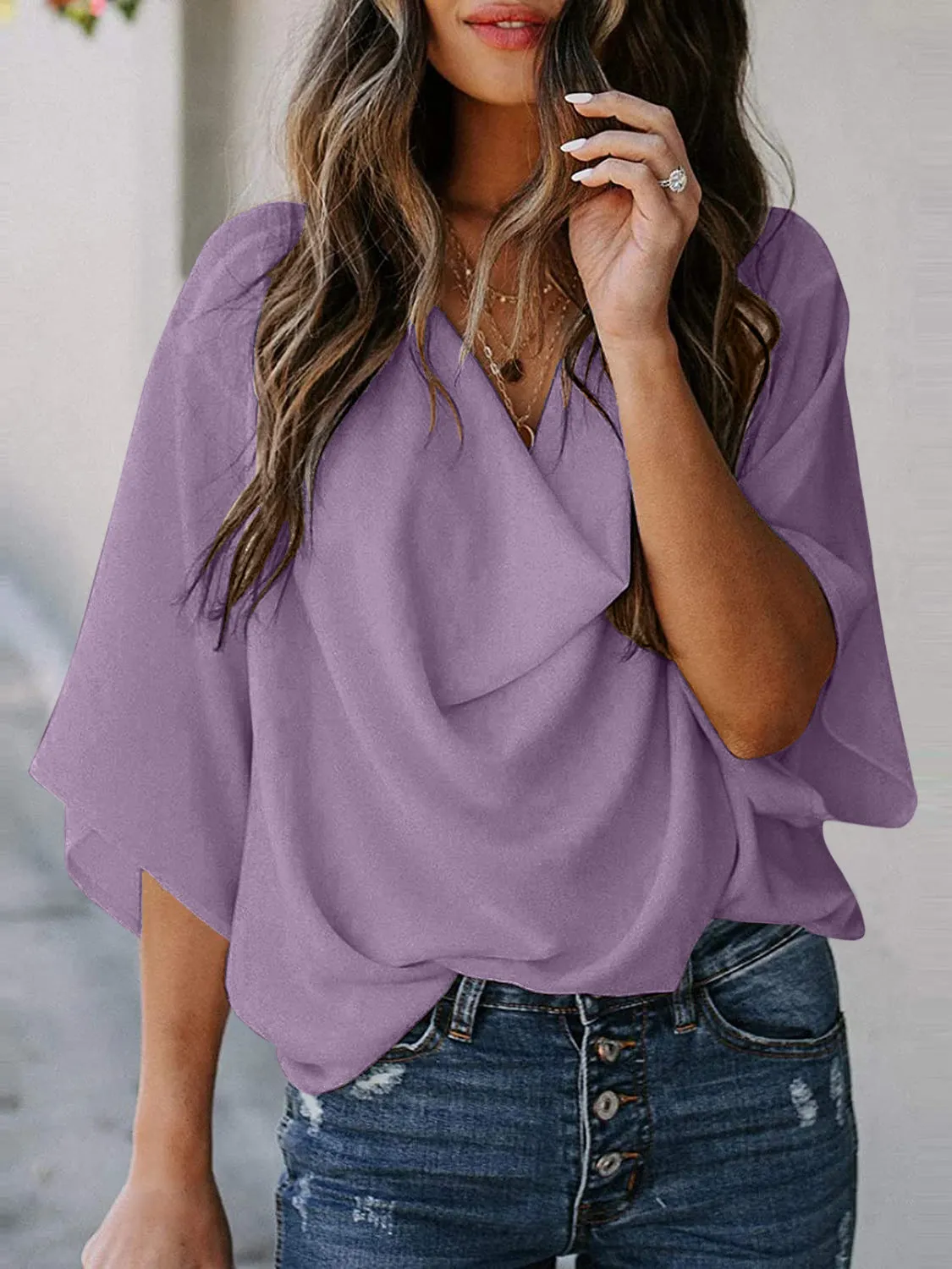 Blaine Full Size Cowl Neck Three-Quarter Sleeve Blouse