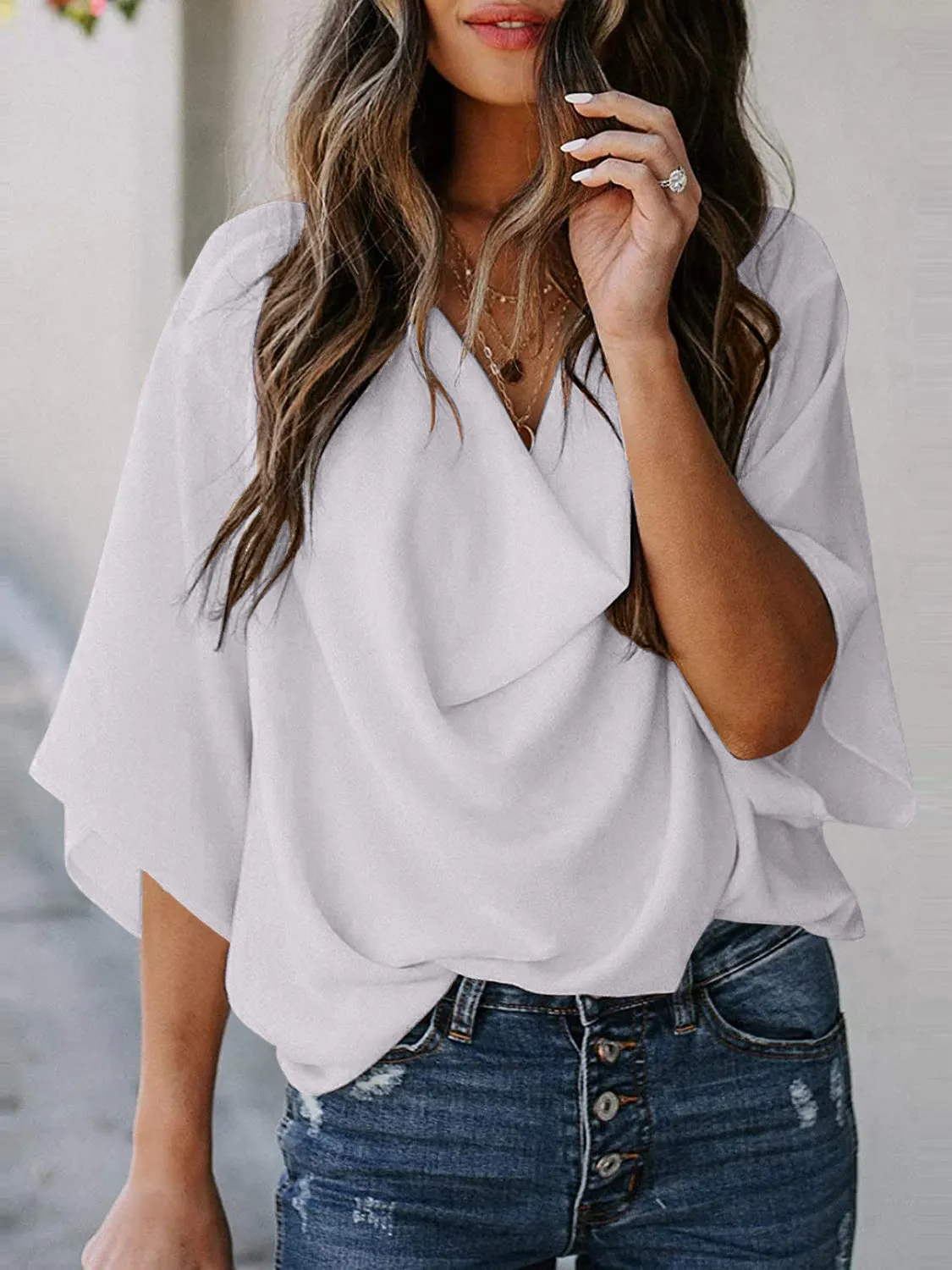 Blaine Full Size Cowl Neck Three-Quarter Sleeve Blouse