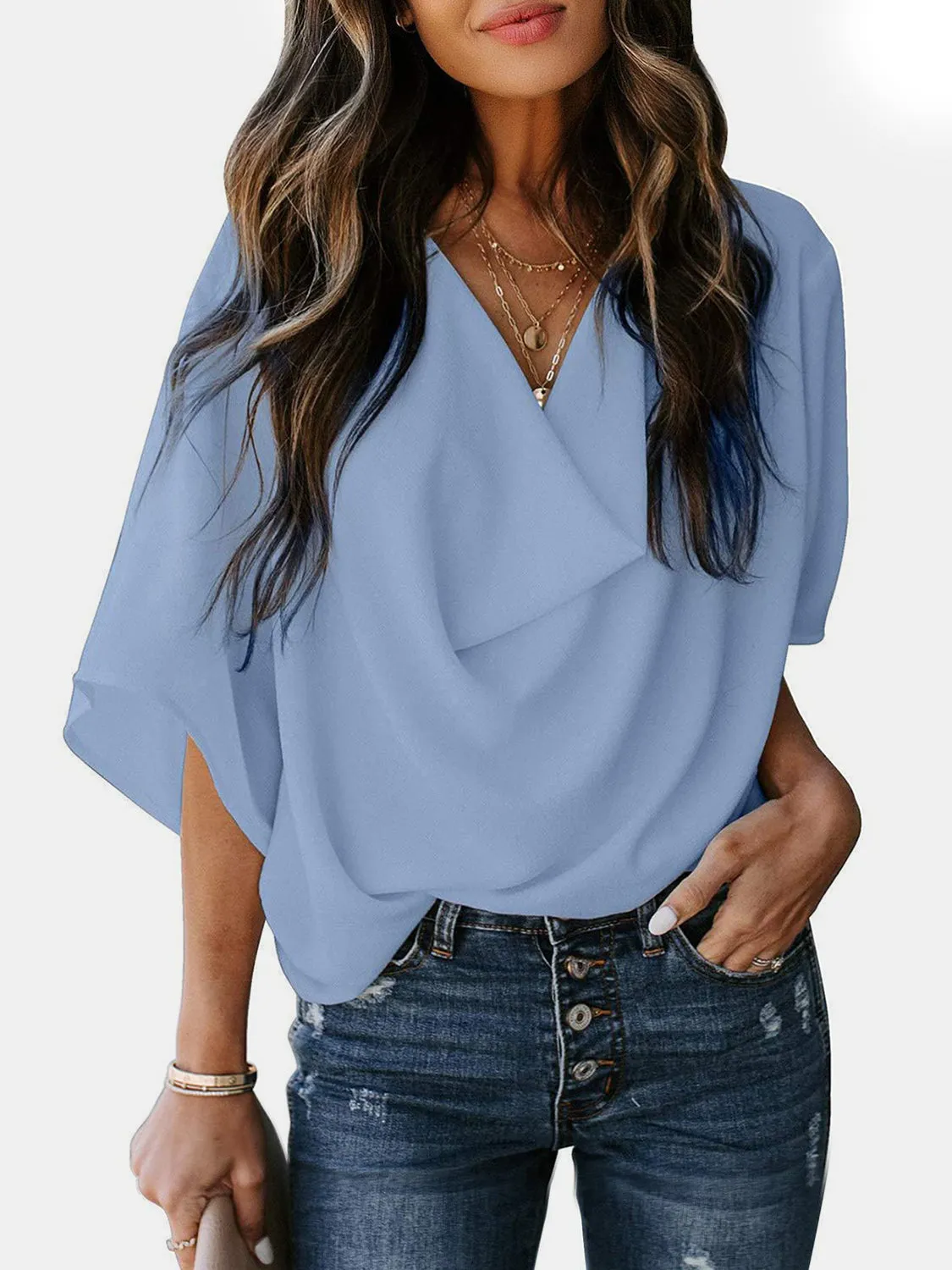 Blaine Full Size Cowl Neck Three-Quarter Sleeve Blouse