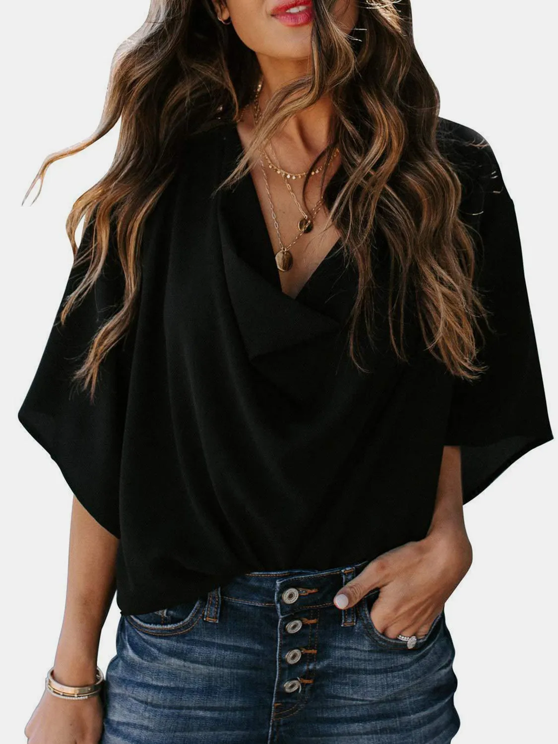 Blaine Full Size Cowl Neck Three-Quarter Sleeve Blouse
