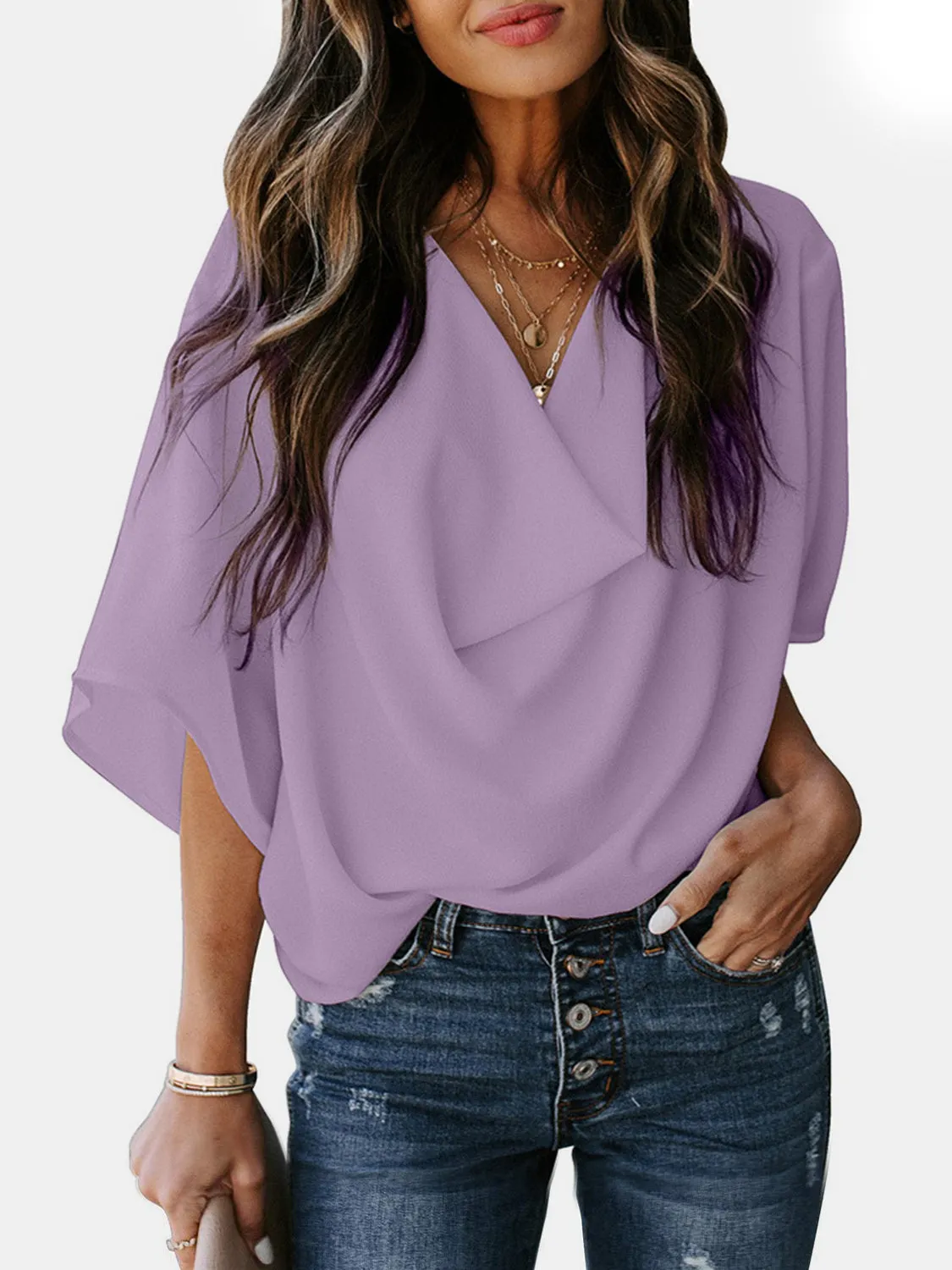 Blaine Full Size Cowl Neck Three-Quarter Sleeve Blouse